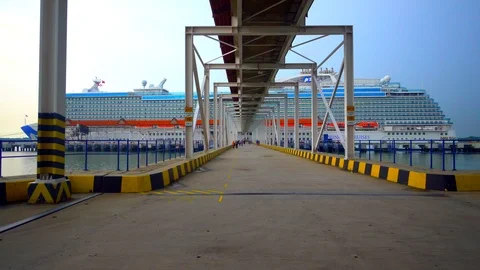 Cinematic camera movement on long passage dock to the cruise ship Stock Footage 122449476