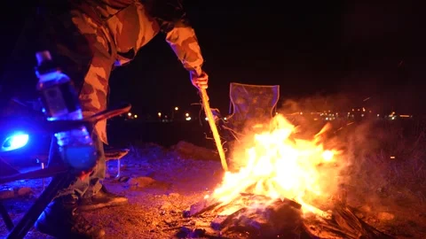 Cinematic campfire with blue light, Jan 31, 2026, Izmir, Turkey. Stockbeeldmateriaal 328758885