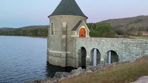 Cinematic Castle Pan - Saville Dam / Barkhamsted Reservoir, CT Stock Footage