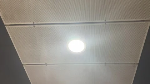 Cinematic Ceiling Lights above Moving Escalator, Minimalistic Urban Details Stock Footage 331486944