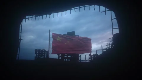 Cinematic Chinese Flag Surrounded by Silhouetted War-Torn Buildings Stock Footage 340169563