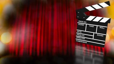 Cinematic Clapperboard On Red Curtain Background 3d render. 스톡 일러스트