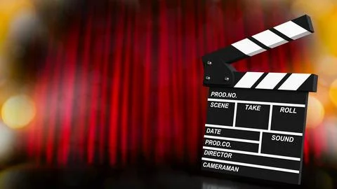 Cinematic Clapperboard On Red Curtain Background 3d render. 스톡 일러스트