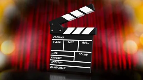 Cinematic Clapperboard On Red Curtain Background 3d render. 스톡 일러스트