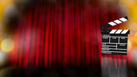 Cinematic Clapperboard On Red Curtain Background 3d render. Stock Illustration