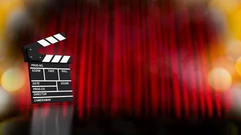 Cinematic Clapperboard On Red Curtain Background 3d render. 스톡 일러스트