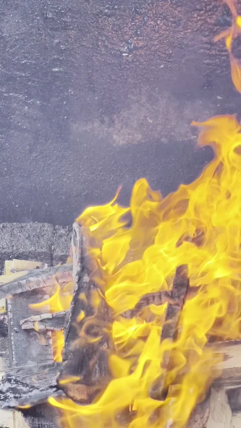 Cinematic close up of burning logs with flames and glowing embers Stock Footage 332567301