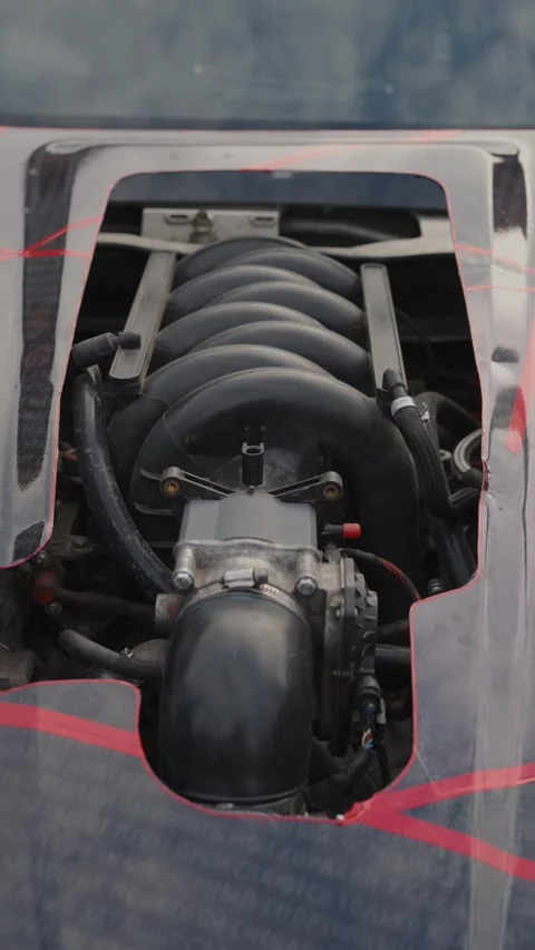 Cinematic close-up of a high-performance engine with custom fuel lines. Stock Footage 335075577