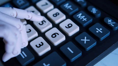 Cinematic close up of humanoid robot hand pressing buttons on office calculator Stock Footage 337911843