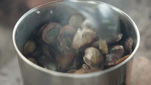 Cinematic Close-up of Lapas Limpets Being Cooked in a Pot with Garlic and Herbs Видео 335704691