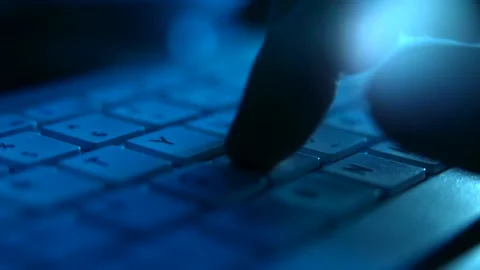 Cinematic Close-Up Of Man Typing On Computer Keyboard At Night, Blue Lighting Stock Footage 174730202