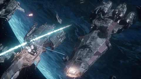 Cinematic Close Pass of Armored Space Cruiser Video stock 309319883