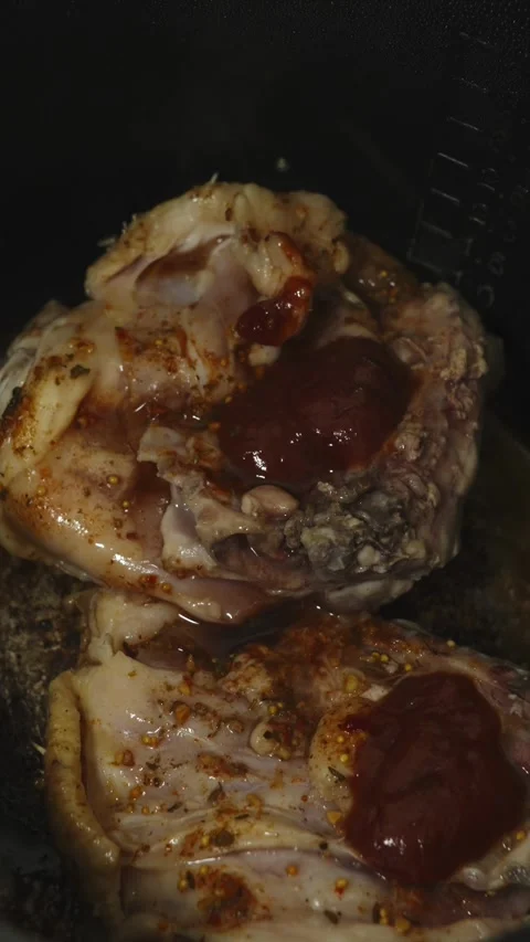 Cinematic close-up of raw chicken pieces being marinated in a thick Stock Footage 336838848