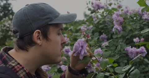 Cinematic close-up of young man smelling roses... Stock Footage 313950448