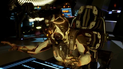 Cinematic Command Room Scene: Astronauts and Aliens Plan Mission Stock Footage 114209715
