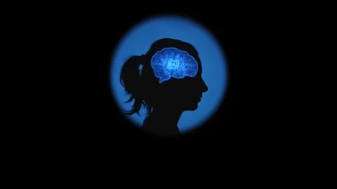 Cinematic conceptual visualization of AI chip in a woman's brain silhouette Stock Footage 334629860