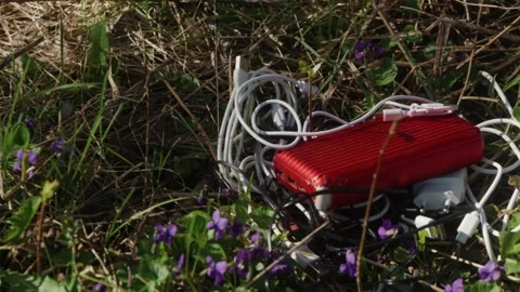 Cinematic contrast of e-waste and wild flowers in forest Stock Footage 333118447