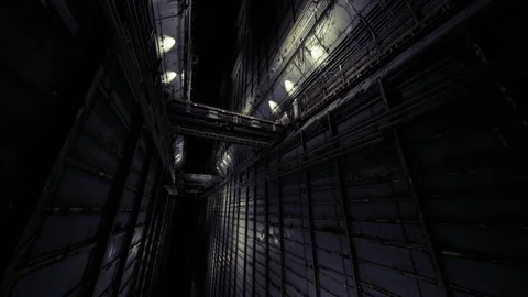 Cinematic corridor illuminated by blue lights and heavy security doors Stock Footage 339630857