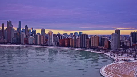 Cinematic daybreak shot of Chicago’s Loop and Lake Michigan shoreline. Stock Footage 331281173