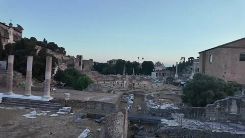 Cinematic daytime panoramic view of the ancient Roman Forum ruins Stock Footage 341760366