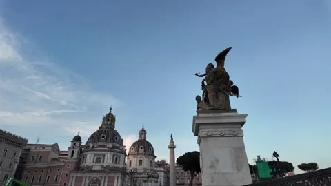 Cinematic daytime view of the Winged Victory statue and twin churches in Rome Stock Footage 341758829