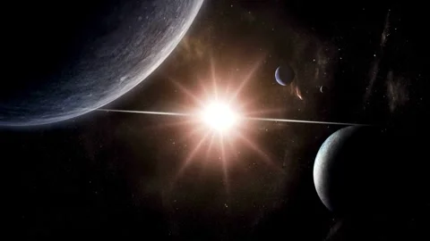 Cinematic deep space view with rotating planets and glowing star Stock-Footage 334572393