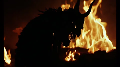 Cinematic Demon Silhouette in Front of Fire Flames, 4K Dark Demon Horror Stock Footage 278683088