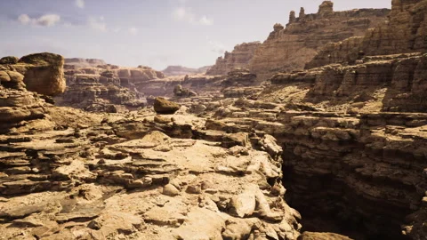 Cinematic desert environment featuring rugged terrain and intense illumination Stock Footage 339619765