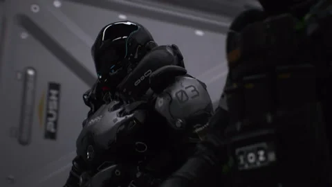 Cinematic dialogue while walking down a sci-fi corridor 17 Stock Footage 159256574