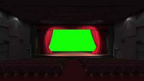 Cinematic dolly shot of empty classic theatre with red velvet curtains opening Stock Footage 220550314