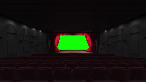 Cinematic dolly shot of empty classic theatre with red velvet curtains opening Stock Footage 220550370