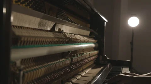 Cinematic Dolly Studio Shot of Open Upright Piano, Pianist Hands Playing Stock-Footage 206013665