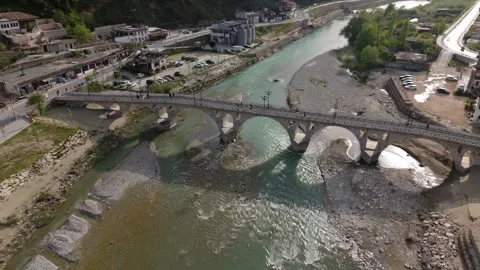 Cinematic Drone Approach and Low Flyover Above Historic Gorica Bridge Vídeo Stock 335486616