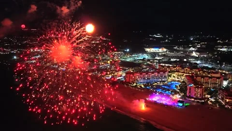 Cinematic Drone Close to Fireworks Over San José del Cabo Night Skyline Stock Footage 334010526