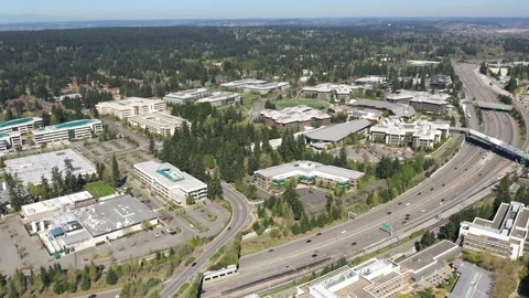 Cinematic drone dolly video of the Microsoft Corporate Headquarters, Stock Footage 153043398