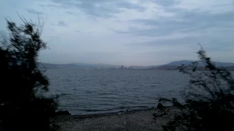 Cinematic Drone Flight Between Trees Revealing Izmir City Skyline at Dusk Stock Footage 319396190