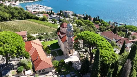 Cinematic Drone Flight Over Adriatic Church Stock Footage 318393704