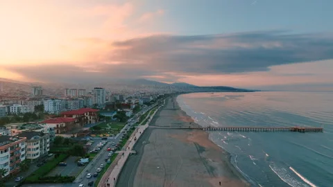 Cinematic Drone Flight Over Atakum Beach at Sunset – Samsun, Turkey, Black Sea Stock Footage 329033468
