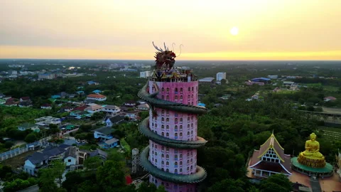 Cinematic Drone Flight Over Giant Dragon Sculptured Temple 4K UHD Stock Footage 338164778