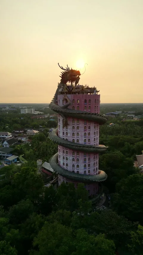 Cinematic Drone Flight Over Giant Dragon Sculptured Temple 4K UHD Stock Footage 338414886