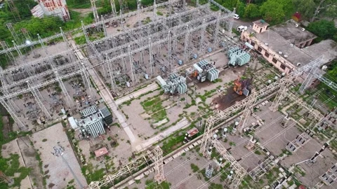 Cinematic drone flight over a high voltage electric power station in Jammu. Stock Footage 339547593