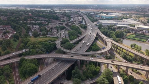Cinematic Drone Flight Over Spaghetti Junction Interchange with M6 Motorway Видео 338164482