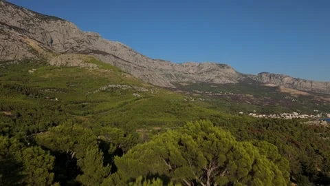 Cinematic Drone Flight Over Treetops, Panning from Biokovo Mountains to Adriatic Stock Footage 320145946