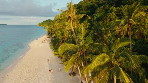 Cinematic drone flight sunset Puka Beach Boracay Aklan Philippines palm trees Stockbeeldmateriaal 331119957