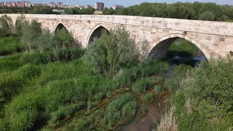 Cinematic Drone Flight Through Reeds Toward Historic Stone Bridge Stock Footage 336335469