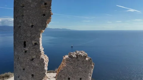 Cinematic Drone Fly-through of Torre del Poetto - Sardinia Coast Reveal Vídeos de archivo 328372439