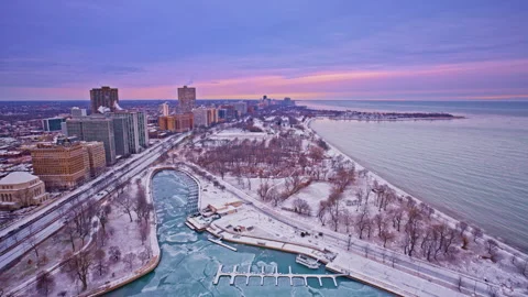 Cinematic drone flyover capturing the Loop at winter daybreak. Stock Footage 331836311