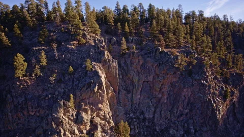 Cinematic drone flyover of jagged cliff edges with clusters of trees in New Stock Footage 332620748