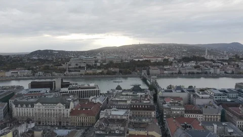 Cinematic drone footage of Budapest with overcast sky Stock Footage