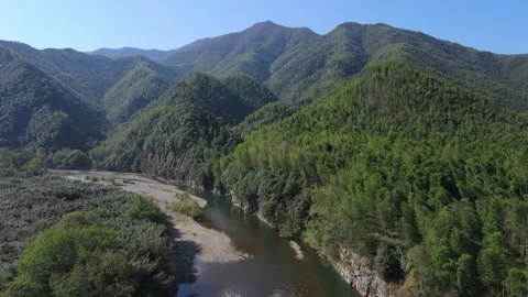 Cinematic Drone Forward Over Green Hills and River Valley Xuancheng China Stock Footage 330456843